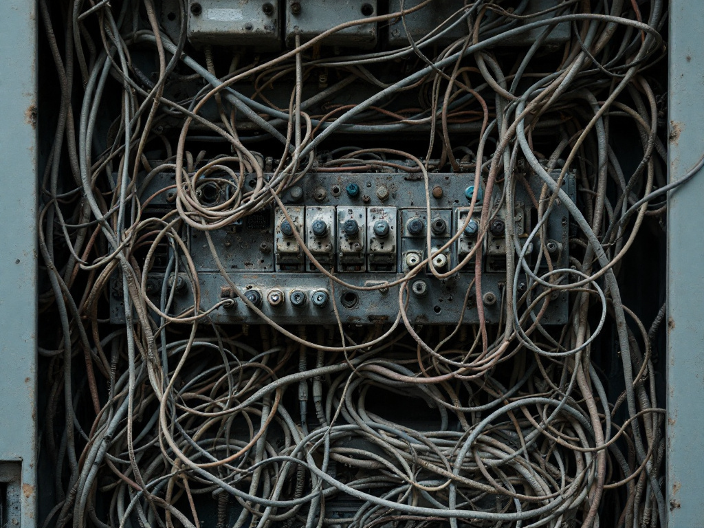Cluttered electrical panel before service